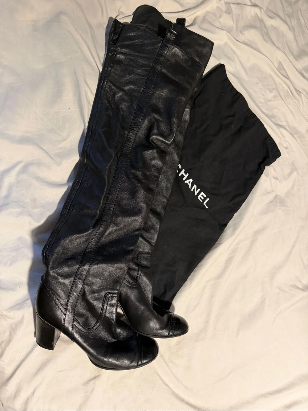 CHANEL Black Leather Knee-High Boots with Block Heel